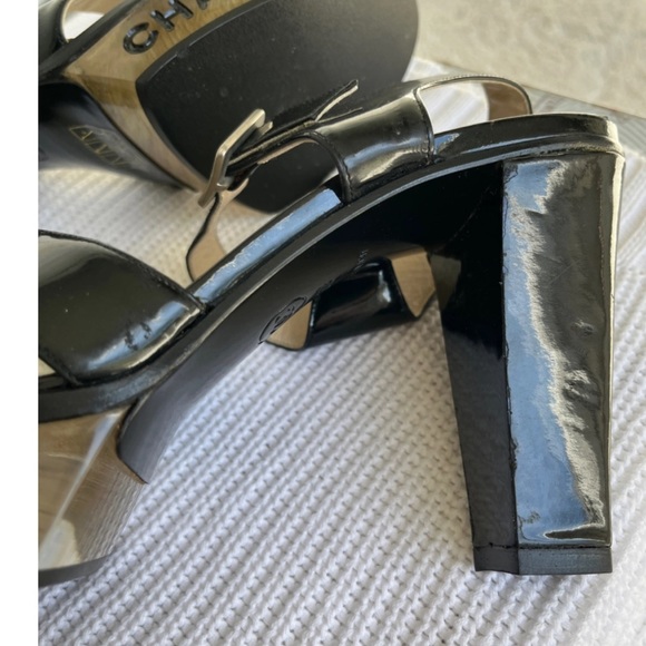 Chanel Sandals Block Heels Vintage Lucite 2001 Black Patent Leather US6/ 36 - Picture 6 of 10